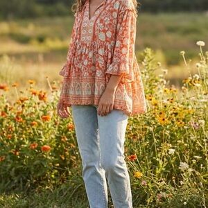 Free People Orange Patterned Blouse